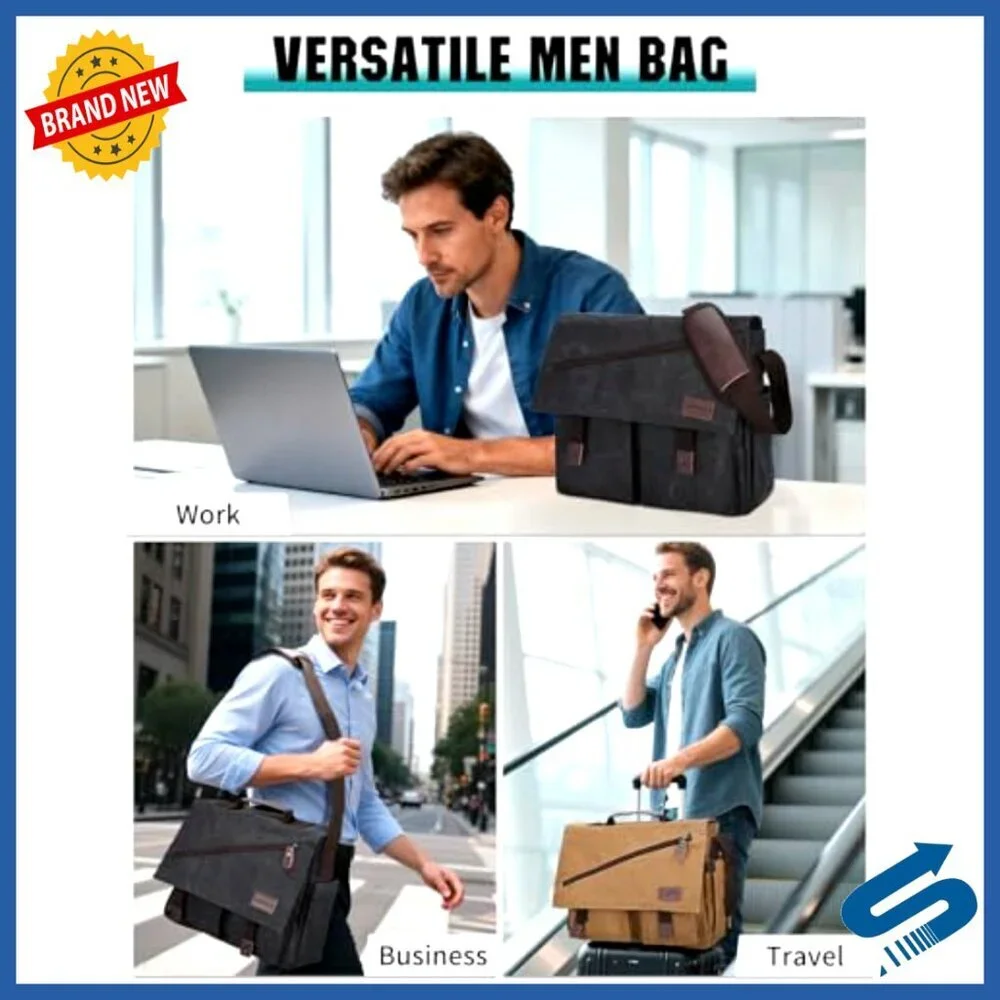 Water Resistant Canvas Messenger Bag for 14 Inch Laptop, Business Satchel